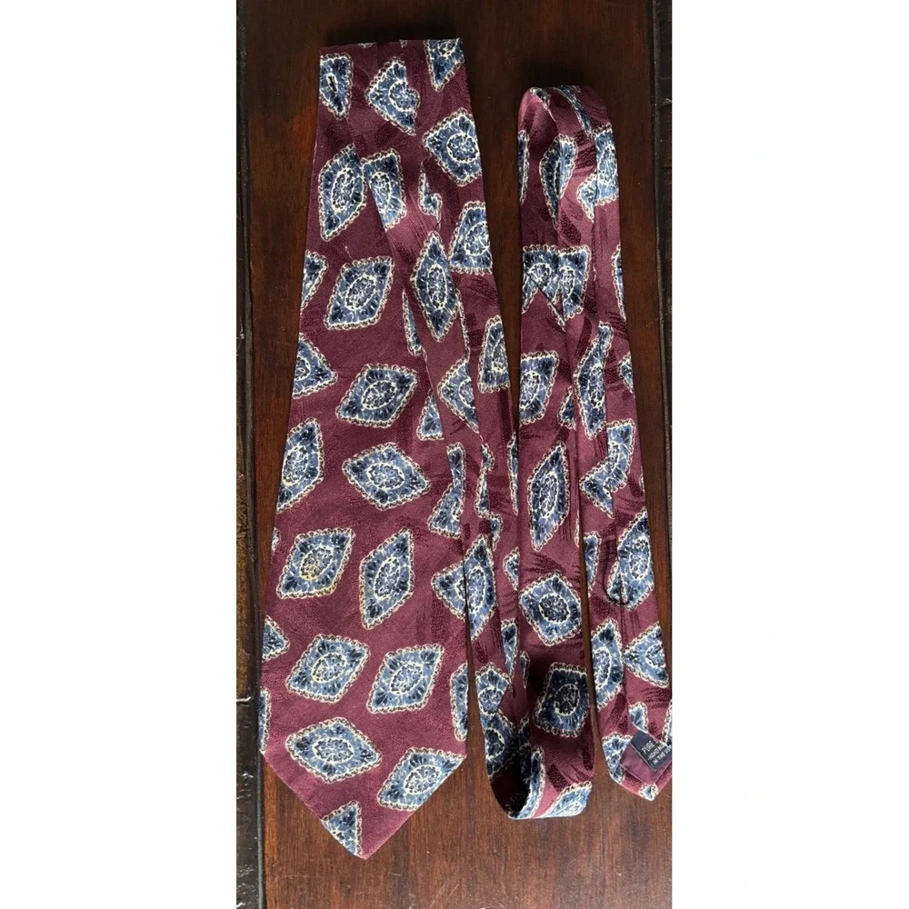 Gitman Bros for MUSA Men's Silk Neck Tie Maroon Blue Diamond Pattern USA Vintage